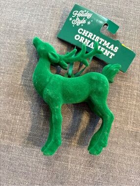 Holiday Style Green Flocked Reindeer Christmas Ornament 5 x 4 Inch
